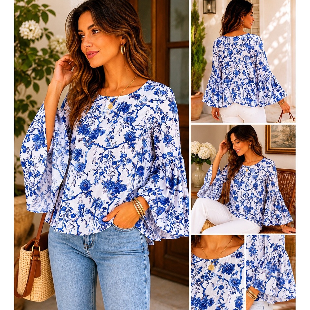 Jane & Delancey Blue White Floral Bell Sleeve Boho Blouse Medium